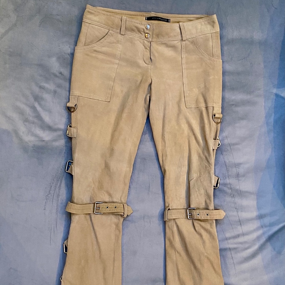 Buttery soft suede pants with zipper and functioning buckle details. S6.